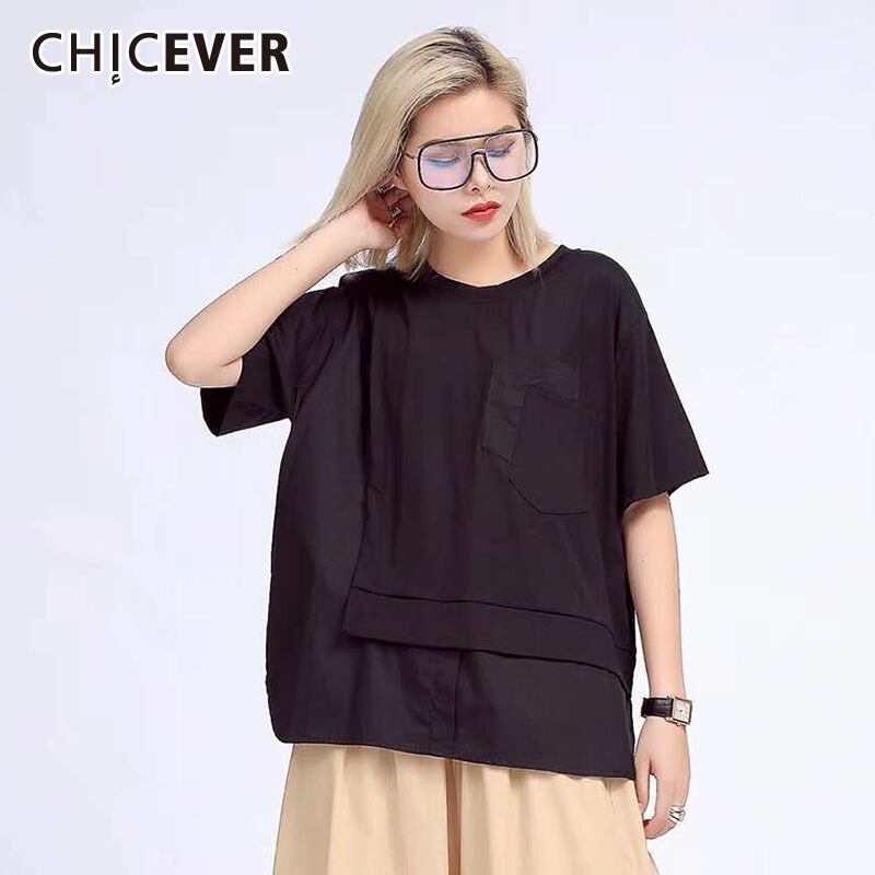 CHICEVERパッチワークTシャツOネック半袖オーバーサイズルーズシャツレディース2020夏 ショート ハーフスリーブ サマー 夏物 6base59433316306