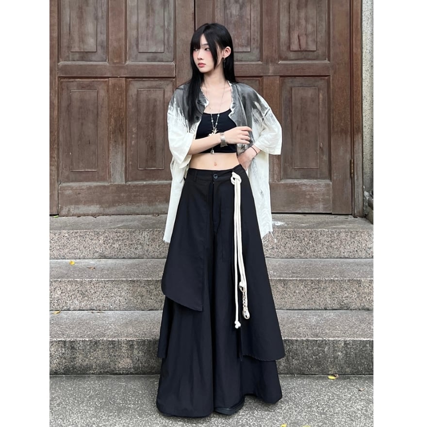 ワイドパンツ ロング丈 レイヤード 袴パンツ クール かっこいい 闇