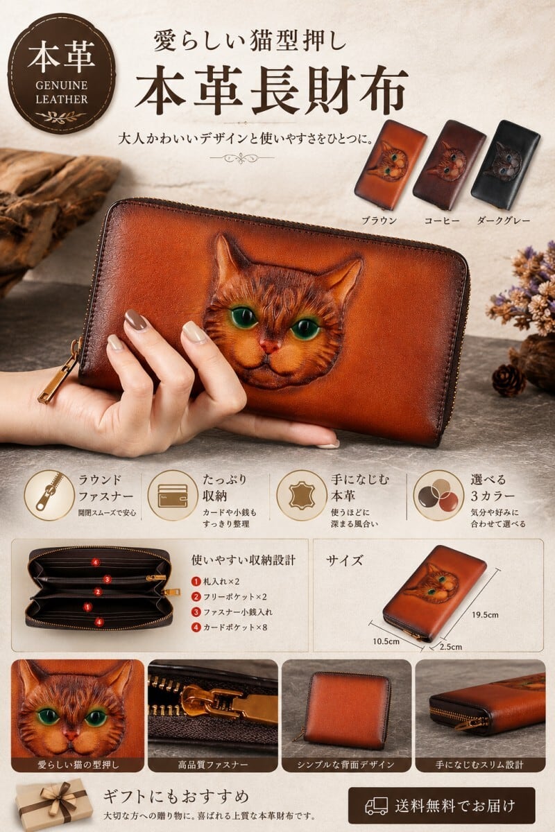 本革 長財布 レディース 猫 型押し ラウンドファスナー 牛革 レザー