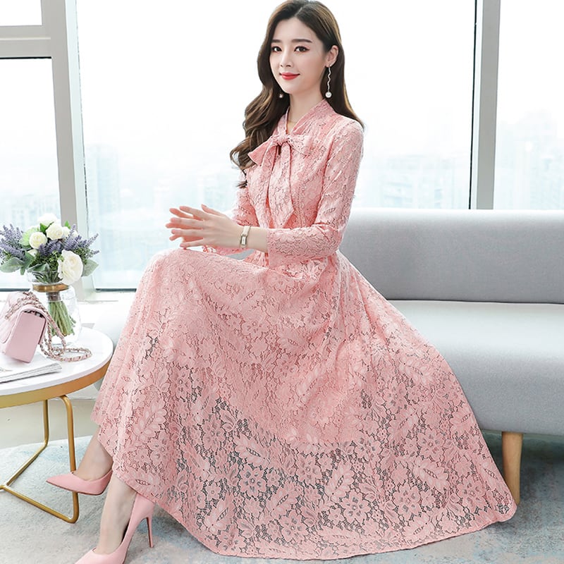 <4color>レース リボン ミディ丈ドレス(ブルー・アプリコット・ピンク・ブラック)