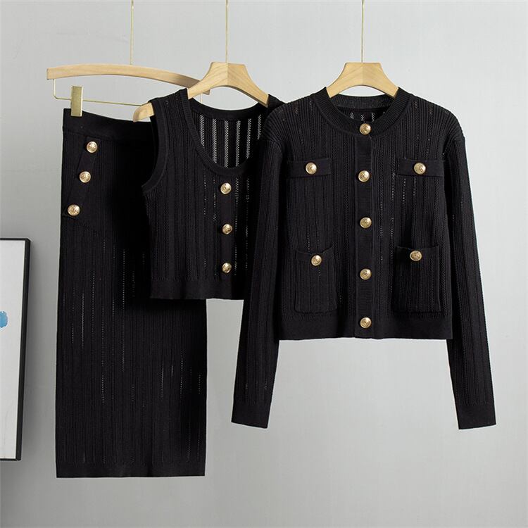 【set】ニットカーデ+ベスト+スカートセット M26240