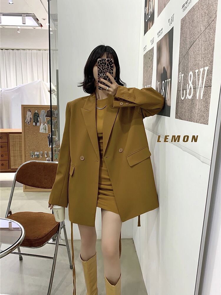 ダブルブレストウェストジャケット スプリングオータムルーズ ロング レース ストリート 春物 秋物 レースアップ ビッグFスモールZ韓国32732663074