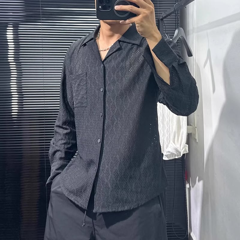 長袖 オープンカラー パッチポケット シャツ 2color MTO0438