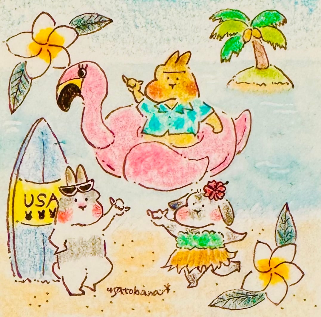 うさぎのむう】アロハ！！(原画) 手描きイラスト 絵 雑貨 贈り物