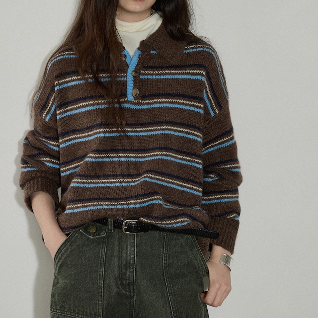 brown blue striped knit polo