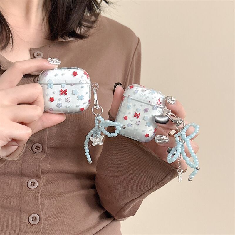 【Airpodsケース】春っぽ!リボン花柄 韓国かわいい エアポッズカバー クリアケース ビーズストラップ 蝶々 ワイヤレスイヤホン AirPodsケース ND-16068