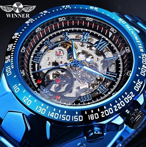 Winner社メンズ自動巻き腕時計ブルー×レッド ペプシ ステンレス
