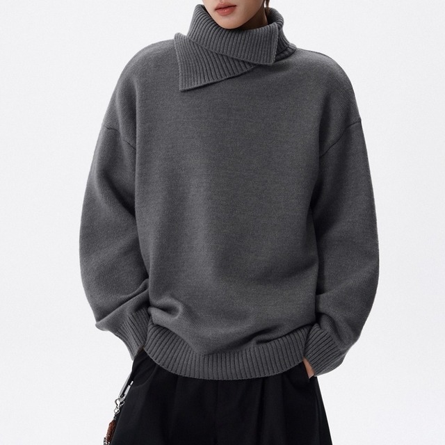 アシンメトリーネック オーバーサイズタートルネックニット 4カラー D12174
