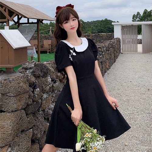 ✞ ウエストきれいめ☆ラウンドネックバイカラーひざ丈ワンピース レトロ ✞ゴスロリ SM ミリ 甘ロリ クラロリ 和ロリ エレガント 黒ロリ 姫ロリ 華ロリ BB-BB2455386