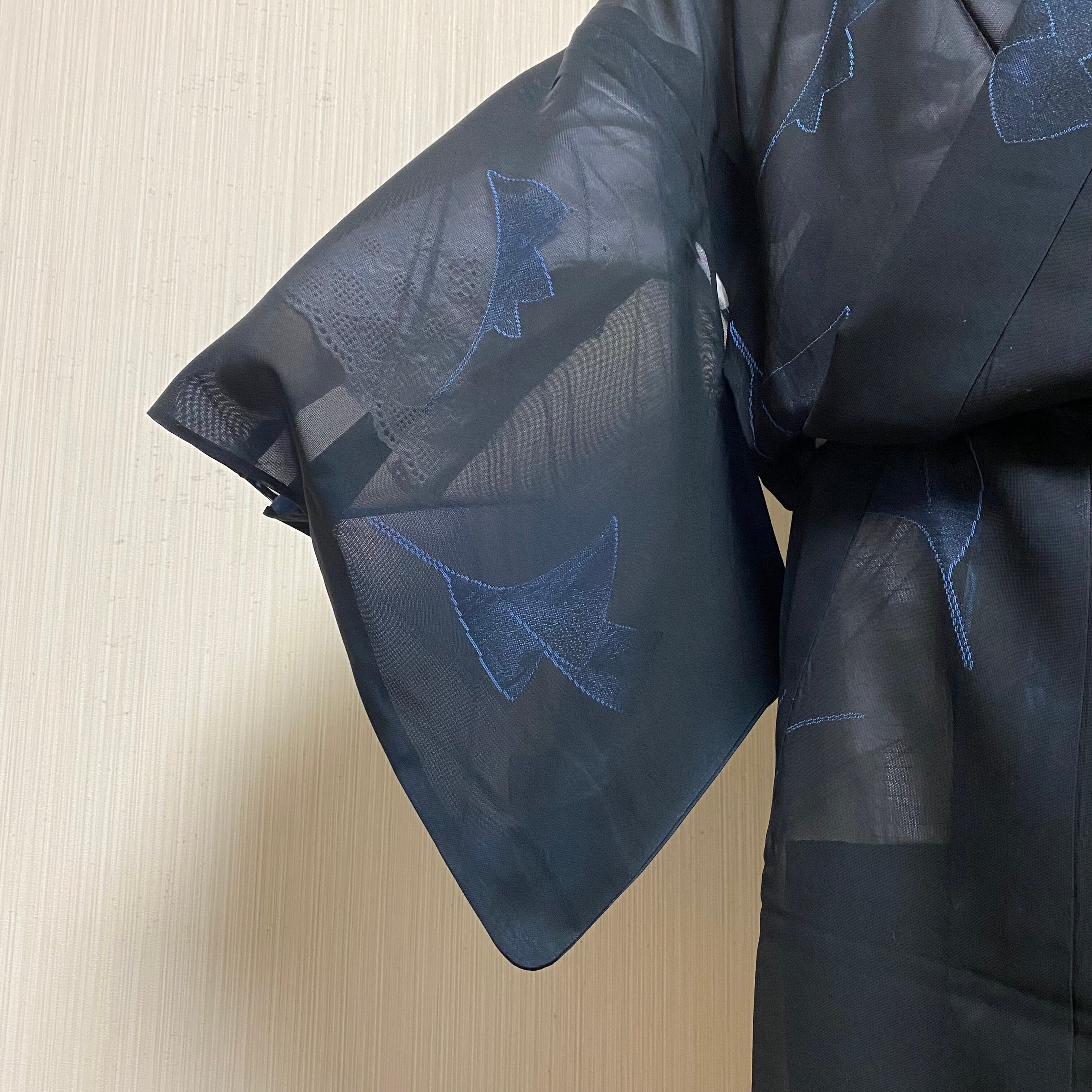 薄物 紗】夏着物 小紋 葉模様 黒色 紺色 着物 和洋 清涼感 昭和レトロ