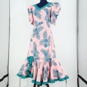 【ハワイ製 フラダンス衣装】ピンク Hilo Hattie ワンピース ドレス パンの木柄 緑 グリーン フリル 華やか ハワイアン 可愛い