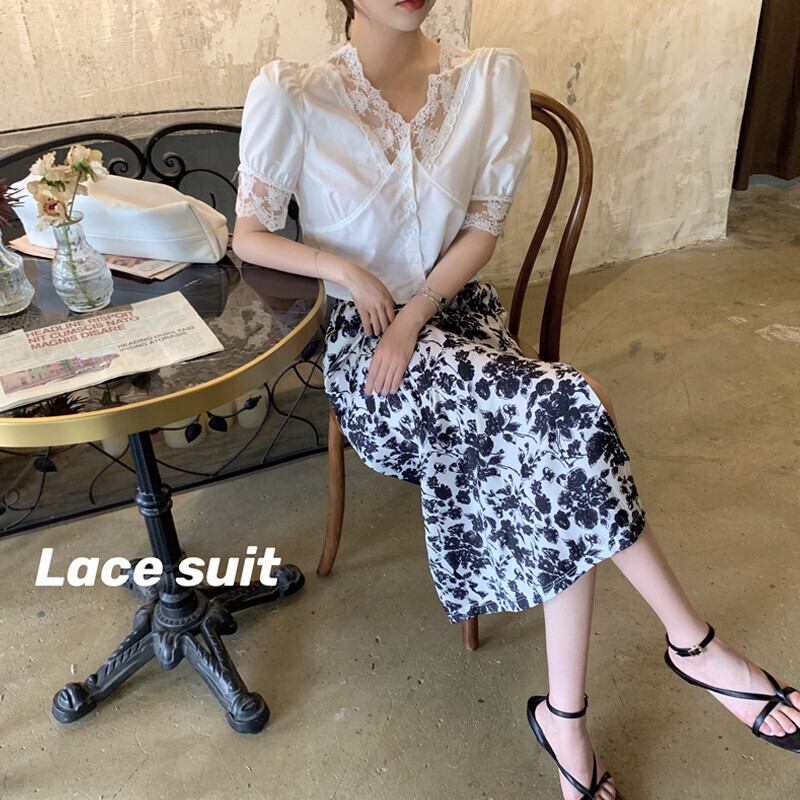 Vネックスタンダードレースブラウス レディースハイウェストウェストフローラルシフォンスカート スタイルサマー レトロ 夏物 花柄 ガールズファッション74040149679