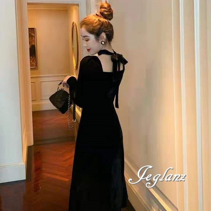 2色 ベルベット調 ワンピース ドレス タイ リボン付き クラシカル 上品(MB043)η