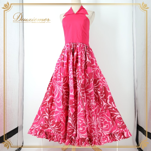 フラダンス 衣装 Pukalani Fashion プカラニファッション ワンピース ピンク系 花 花柄 葉っぱ柄 フリル 襟 袖なし かわいい 鮮やか セクシー ハワイアンプリント アロハ フラ ダンス ダンス衣装 イベント ステージ