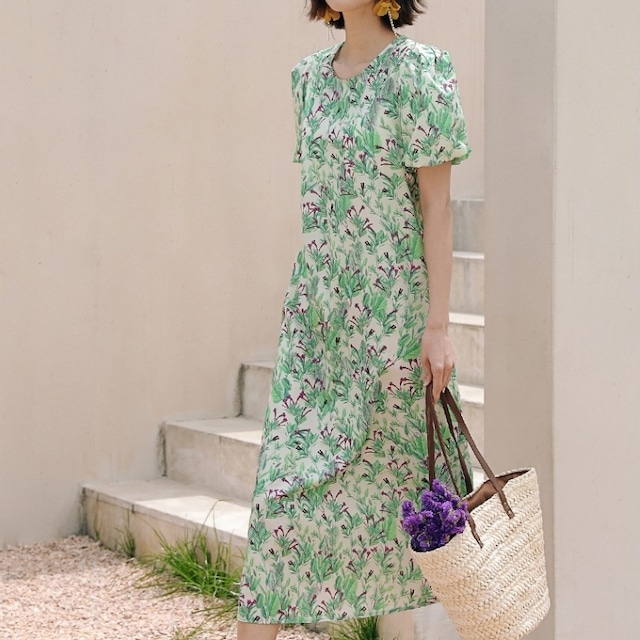 【3size】flower pattern puff sleeves one-piece roomwear p927