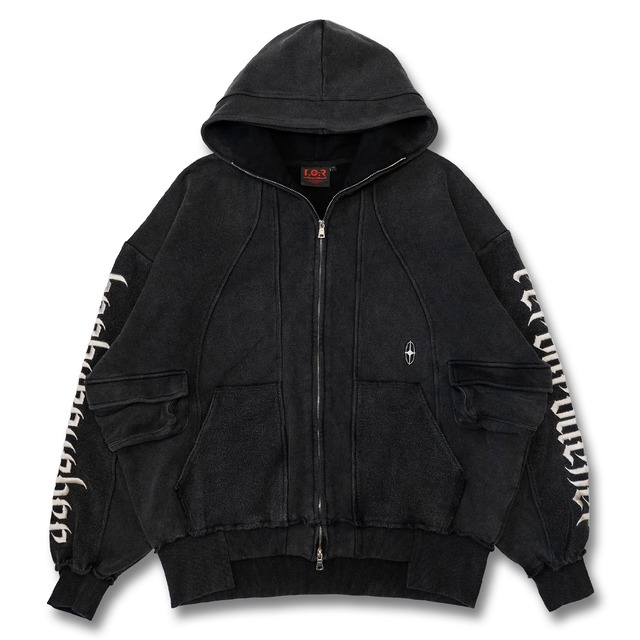 T.C.R DECONSTRUCTED WASHED ZIP-UP HOODIE - BLACK