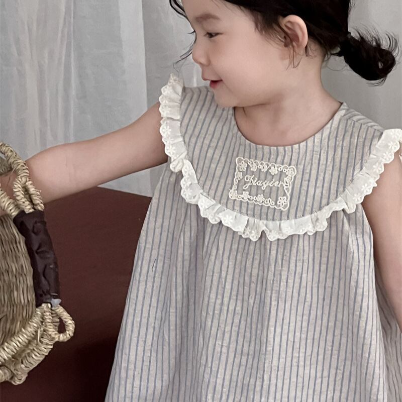 【予約販売】80-130cm ガーリーストライプワンピース