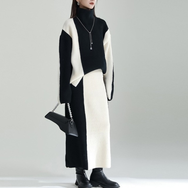 【Setup】バイカラー ニット＆スカート  223584