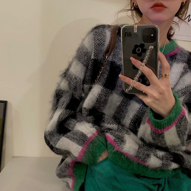 スタンダード格子柄セーター オータムルーズプルオーバー ブラウス コート レトロ 秋物 モンロー60618074507