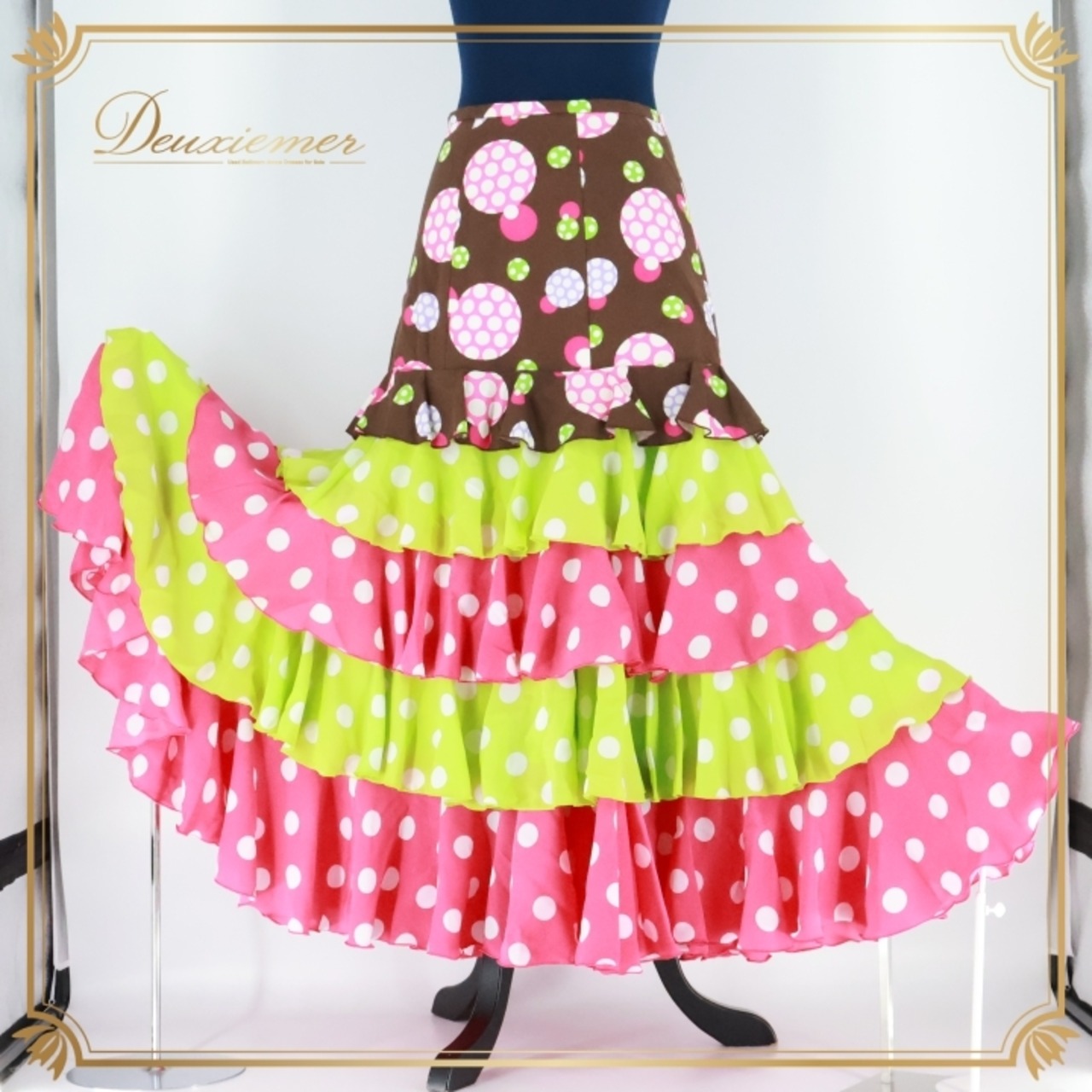 フラメンコ 衣装 ソニアジョーンズ SONIA JOHNES ファルダ スカート 水玉 ドット 茶色 ピンク 黄緑 かわいい ポップ ボランテ フリル ブラウン系 ピンク系 グリーン系 フラメンコスカート ドット柄 ファルダスカート フリルスカート カラフル キュート おしゃれ ダンス衣装 パーティ コスチューム サイズM