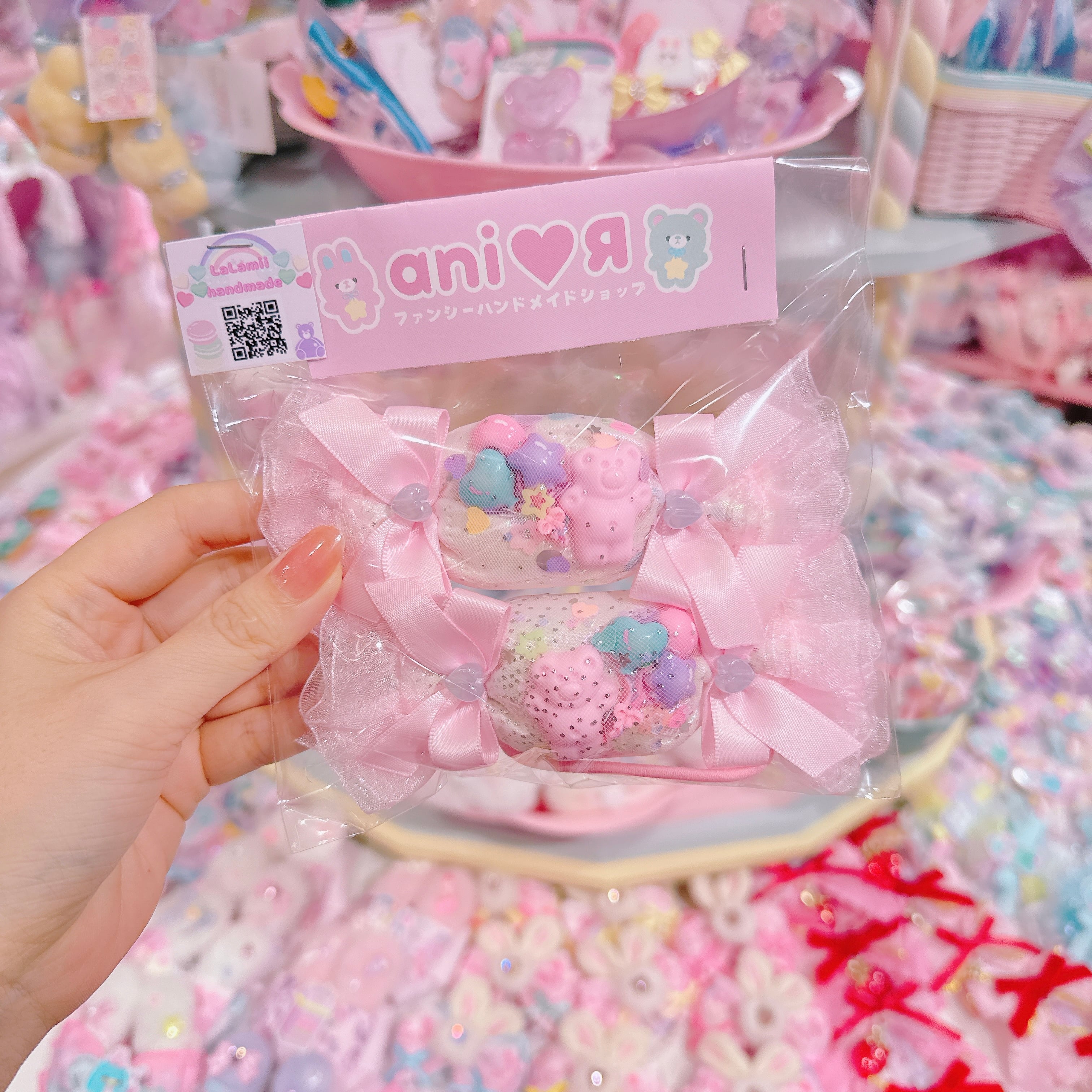 【E3】102-3サテンBig candyリボンツインヘアゴム