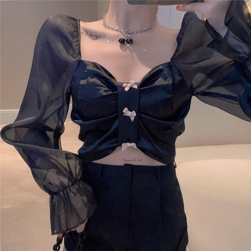 サテンコートスクエアカラーショートシフォンシャツ女性秋デザインセンスニッチシャツブラック長袖セクシートップス ブラックストロベリース8257680279