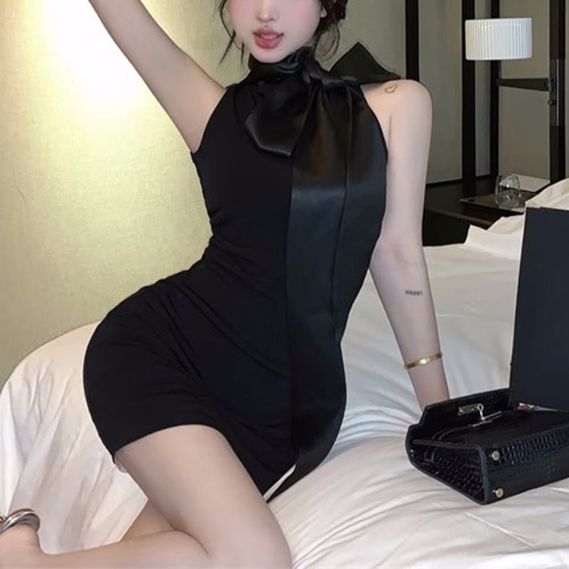 ノースリーブ スリムフィット ワンピース★大人可愛い セクシー ワンピース セクシー かわいい ノースリーブ ボウタイ ブラック