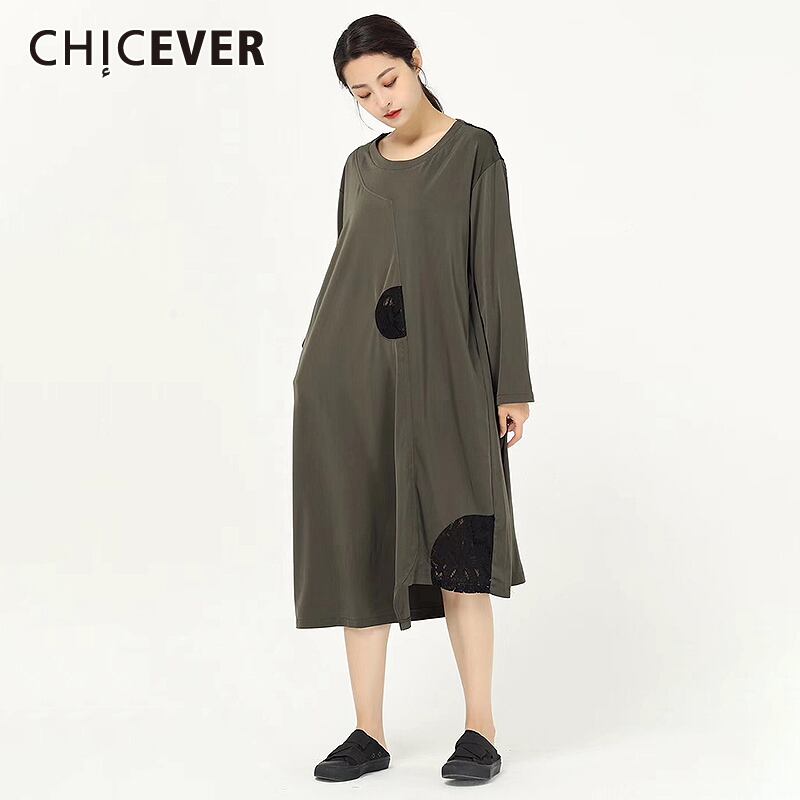 CHICEVERパッチワークレースドレスOネック長袖ウエストホローアウトヒットカラードレス女性2020 ロング 6base579651622728