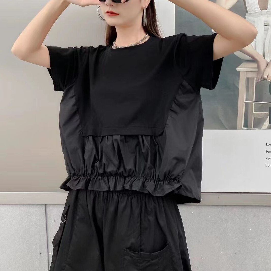 ASYMMETRIC HEM GATHERED WAIST SLEEVE T-SHIRT M-17309