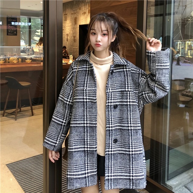 チェックコート グレー 韓国ファッション レディース コート チェック 