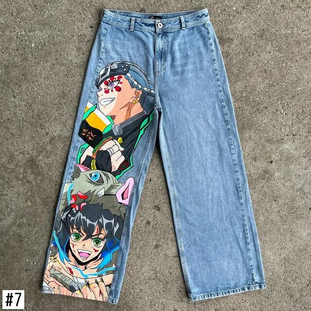 原宿スカルグラフィックブラックジーンズズボンワイドレッグジーンズ