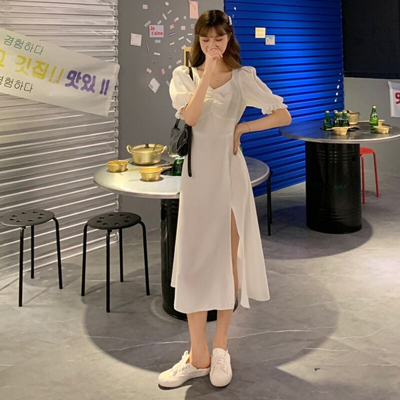 スリーブウェストドレス スプリング薄手ホワイト半袖スカート ショート ハーフスリーブ 春物 スクウェア YY-ファッション19067376255
