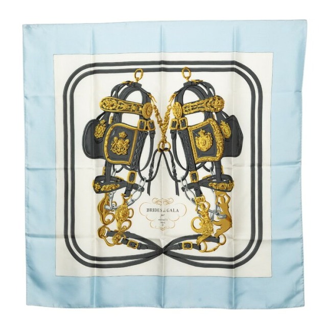 エルメス カレ90 BRIDES de GALA 式典用馬勒 スカーフ ライトブルー ホワイト シルク レディース HERMES 【中古】
