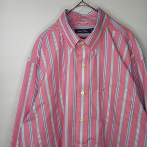 ノーティカ　防シワ　ストライプ　BDシャツ　ボタンダウン　長袖　刺繍ロゴ