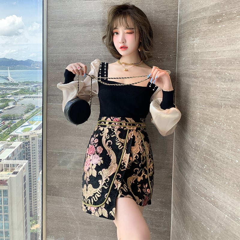 カラースリーブシャツ スタンダードジャカードスカート セット レトロ スクウェア MIUCO99909106517