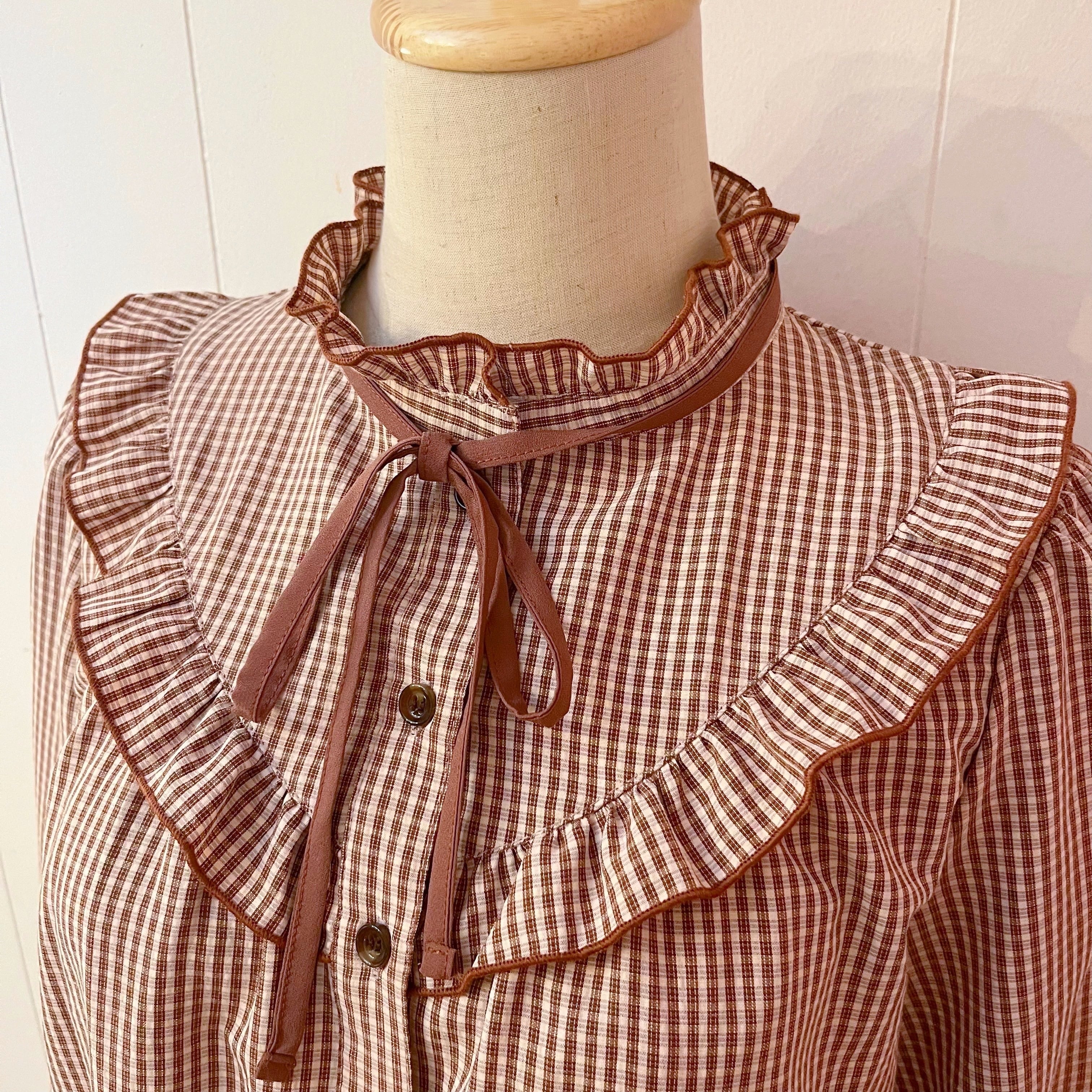 brown gingham check frill ribbon blouse