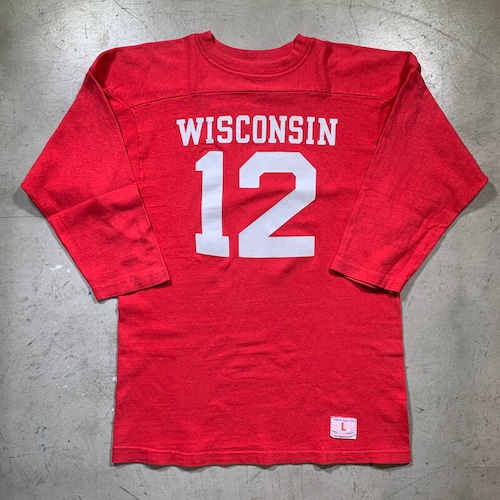 70's 80's Chamopion チャンピオン フットボールTee バータグ タタキタグ WISCONSIN ナンバリング 12 美品 赤 レッド LARGE USA製 綿100％ 希少 ヴィンテージ BA-1504 RM1923H