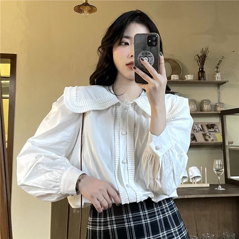 カラーホワイトシャツ オータムトップス ロング 大人ガーリー スウィート キュート カジュアル 秋物 萌量不足68252448619