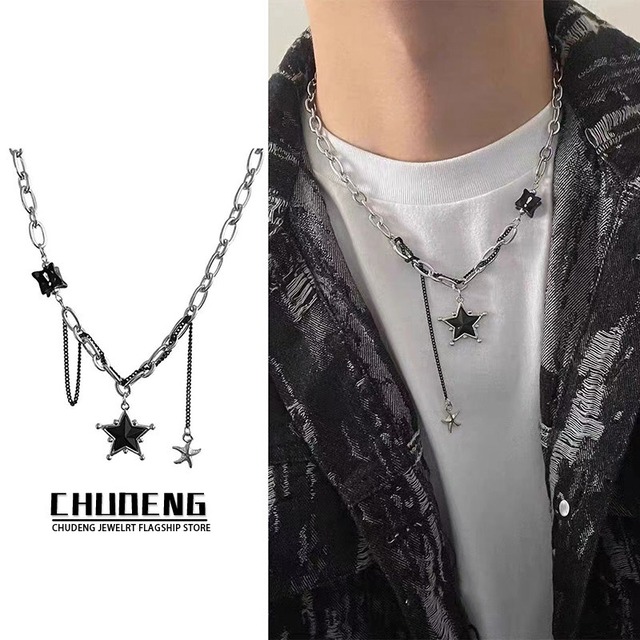 【CHUDENGシリーズ】★ネックレス★ 首輪 アクセサリー 小物 ユニセックス 星 切り替え フリンジ