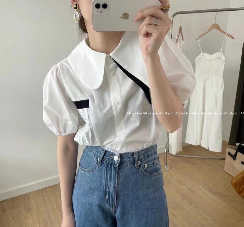 カラーレースショートシャツ サマー薄手半袖スリーブトップス ハーフスリーブ 夏物 ビッグFスモールZ韓国82110110318