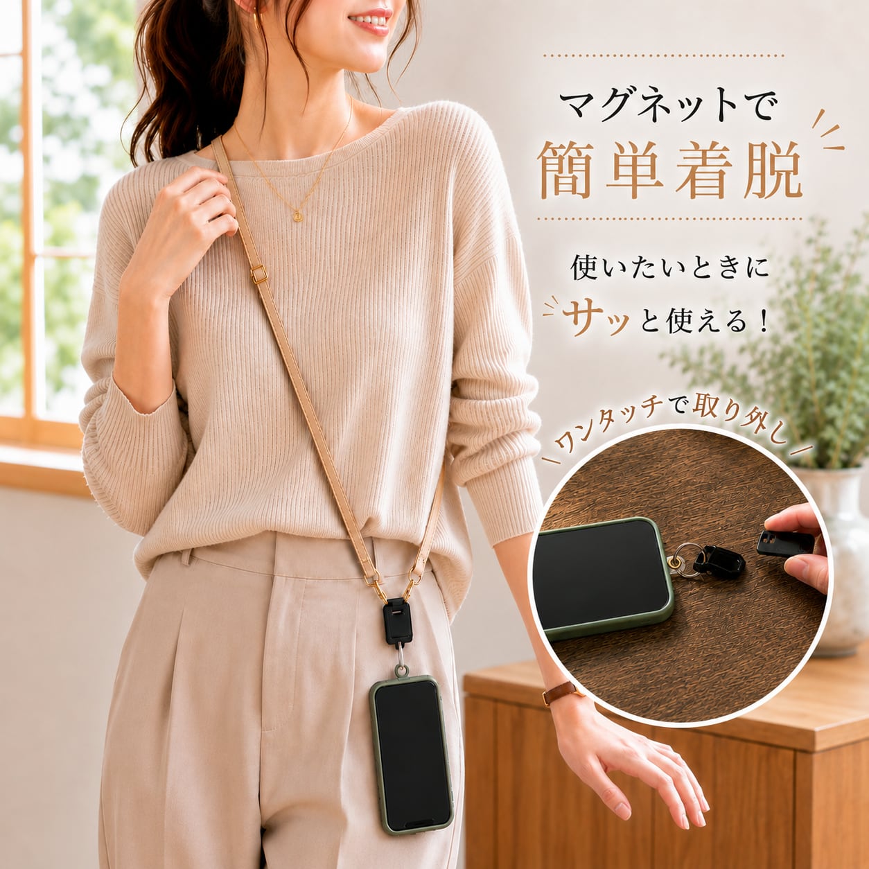 スリムレザーのマグネット着脱式スマホショルダーストラップ