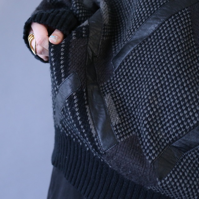 fake leather taping design mode knit sweater