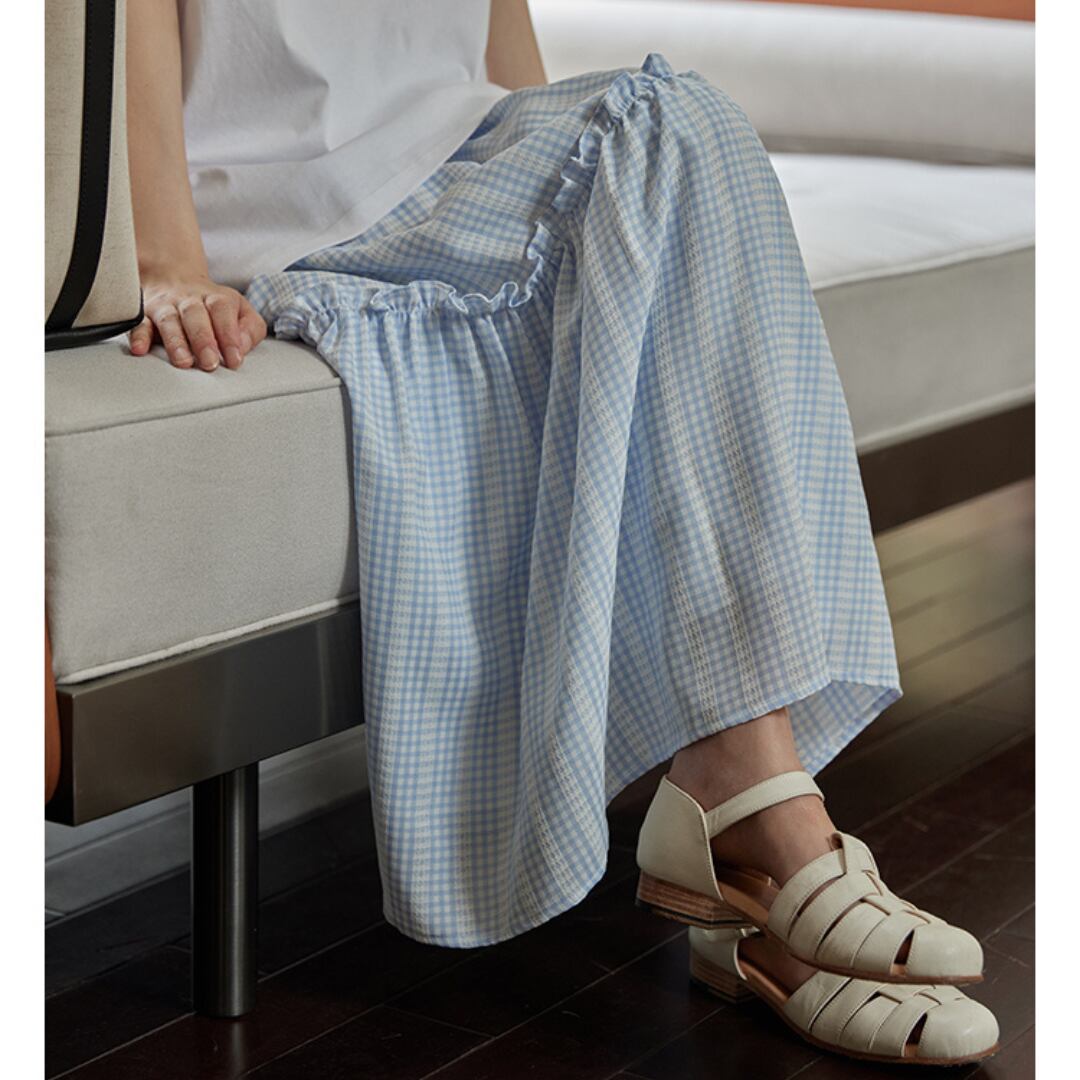 high waist slim a line blue checked skirt