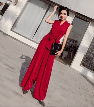 レッド　ノースリーブ　リボン　パンツドレス　iPdp0004