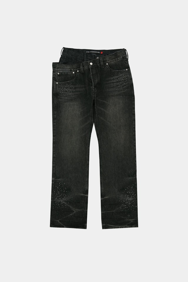 [ANDERSSON BELL] UNISEX ASYMMETRIC LAYERED HOT-FIX WIDE-LEG JEANS apa912u(BLACK) 正規品 韓国ブランド 韓国通販 韓国代行 韓国ファッション ANDERSSONBELL アンダーソンベル 日本 店舗
