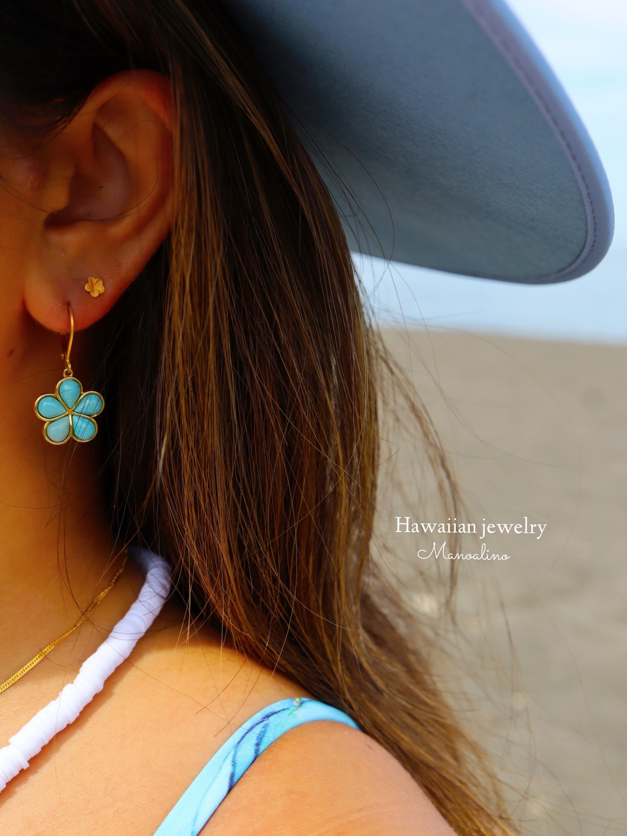 Plumeria  turquoise earrings Hawaiianjewelry(ハワイアンジュエリーＵＳＡアリゾナ州・キングマン産ターコイズプルメリアピアス、イヤリング)