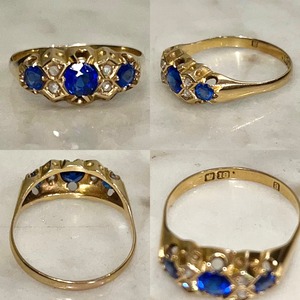 antique c1900 18ct gold 3sappire 4diamond ring