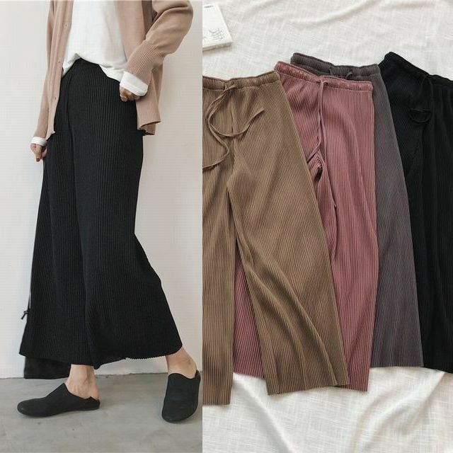 レディース シフォンドローストリングプリーツワイドパンツ 春コーデ / Very good spring and summer comfortable chiffon pleated wide leg pants (DCT-565943259164)