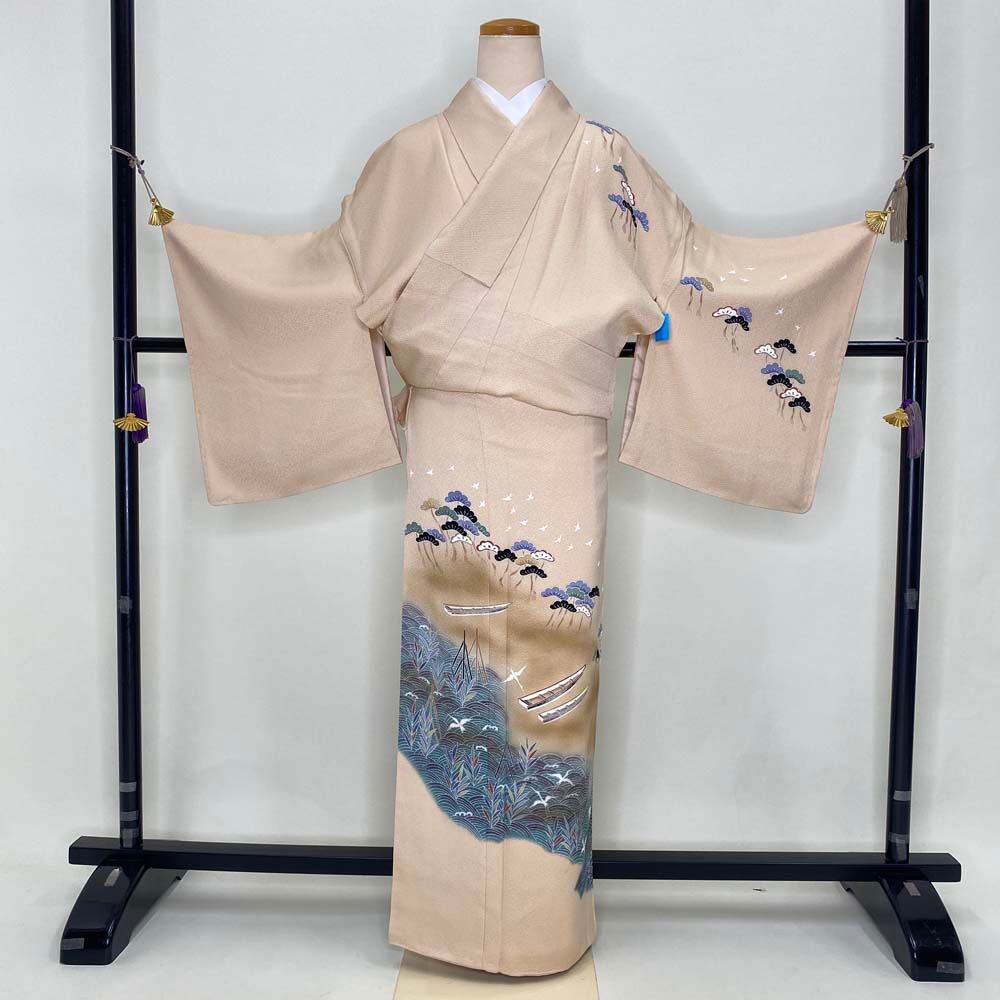 付け下げ 訪問着 中古 オレンジ ベージュ 花柄 古典 裄丈67cm 身丈 