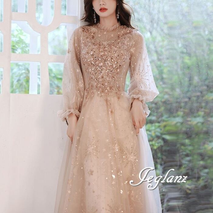 パーティ ドレス シアー 背中 編み上げ ラメ キラキラ 光沢感 ミドル/ロング(M6240)ζ